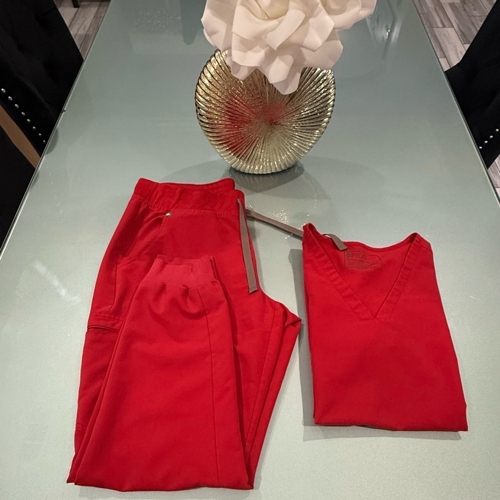 Figs Vibrant Red Scrub Top and Pants